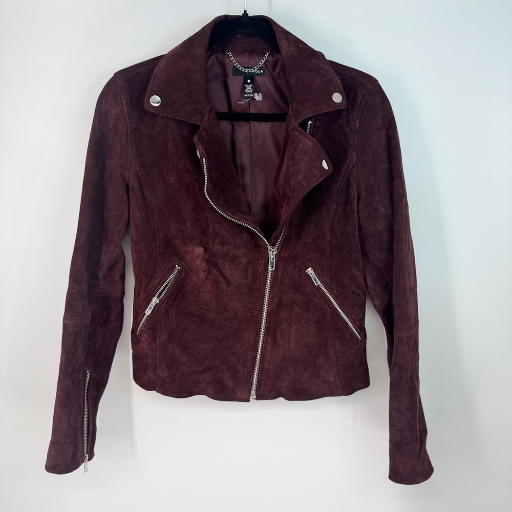 Aqua 100% Leather Cropped Front Zipper Moto Suede Jacket